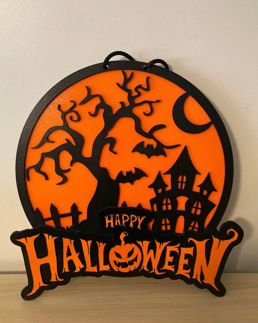 “Happy Halloween” bord met spookhuis
