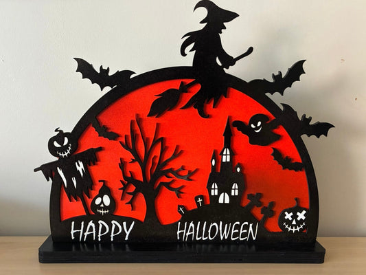 “Happy Halloween” bord met spookhuis en heks